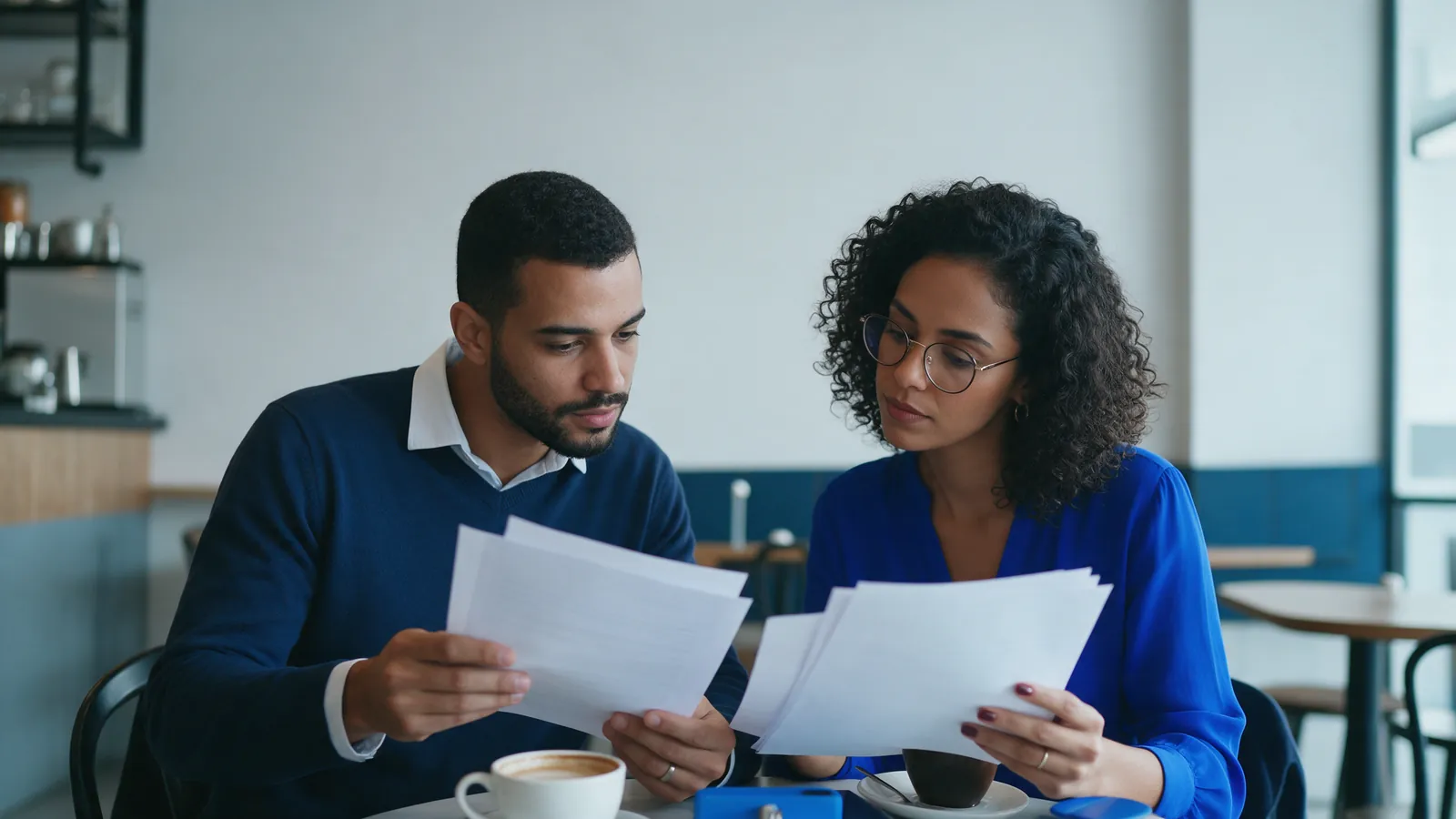 Carta contemplada ou financiamento: casal compara dois documentos em um café