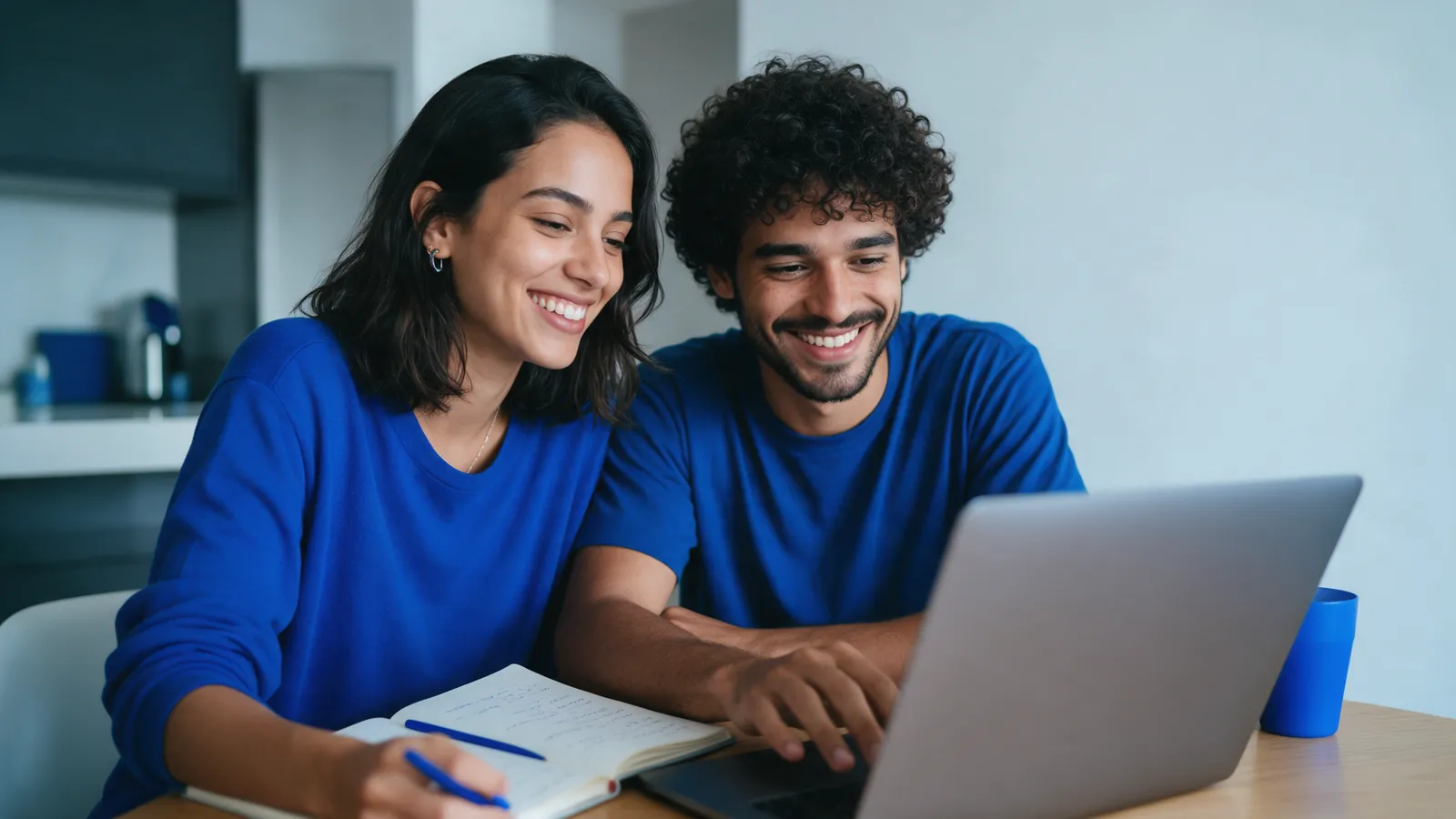 Como comprar carta contemplada: casal sorridente pesquisa no notebook em casa