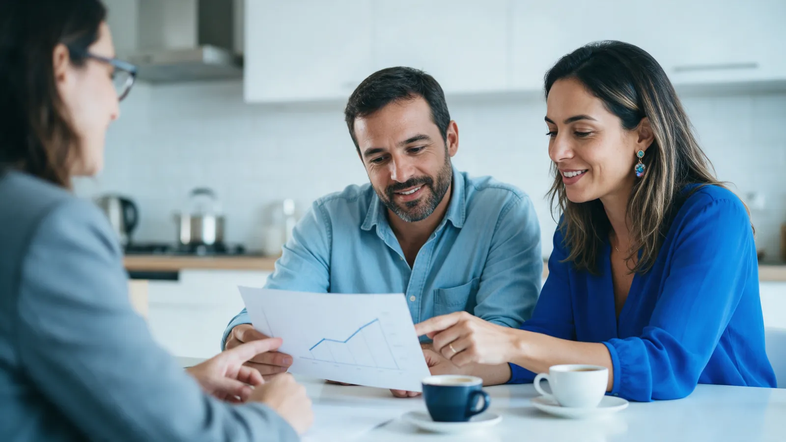Como funciona o consórcio: casal conversa com um consultor sobre o plano na mesa da cozinha