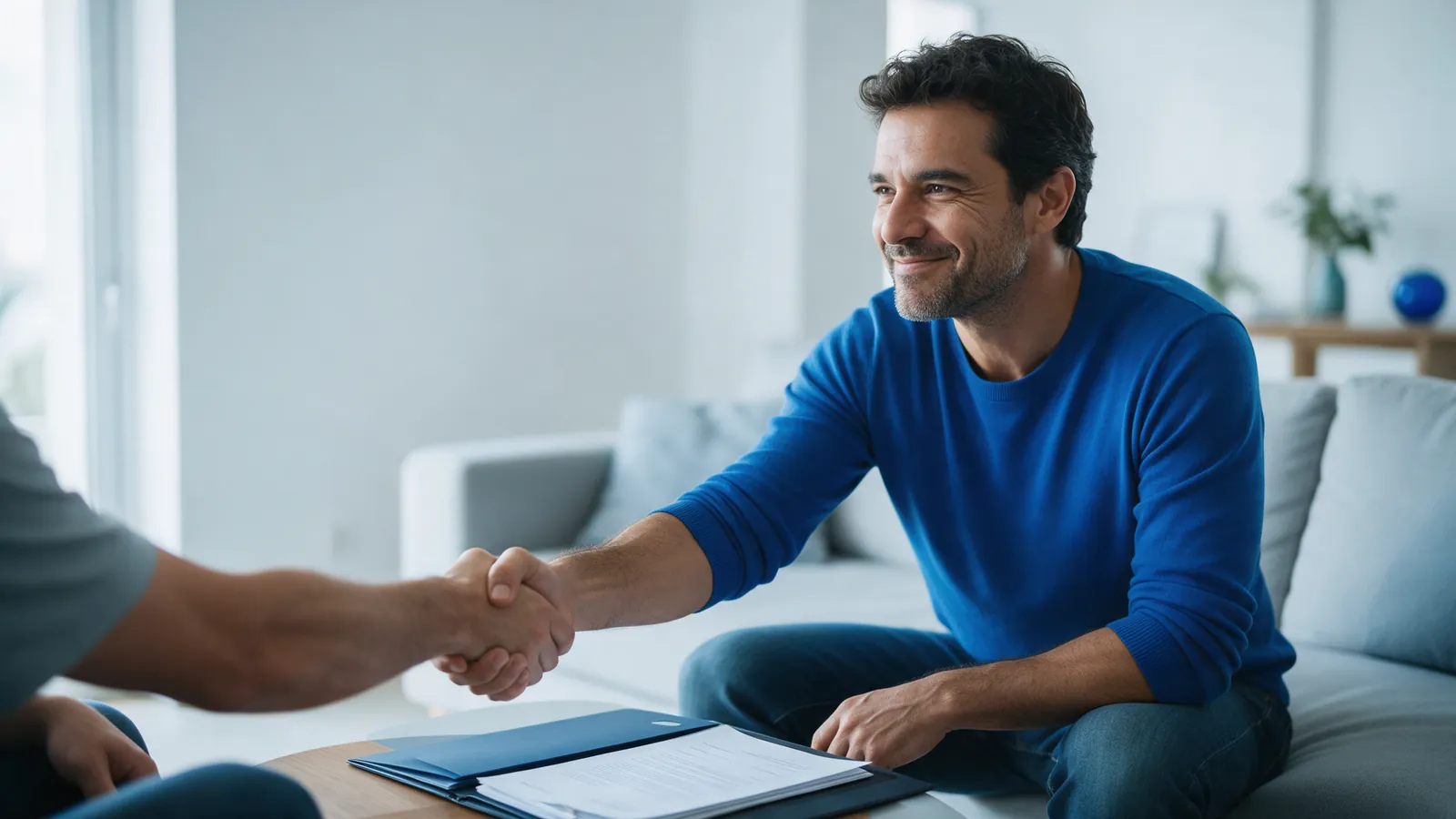 Como vender carta contemplada: vendedor fecha negócio com aperto de mão na sala