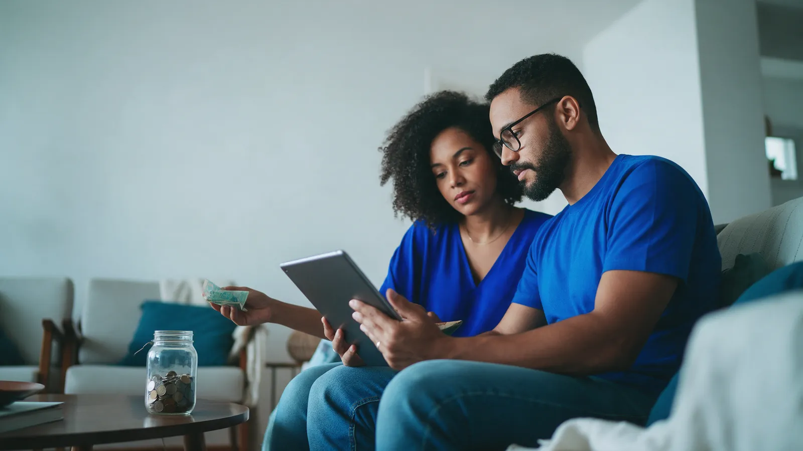 Fundo de reserva do consórcio: casal revisa as finanças no tablet
