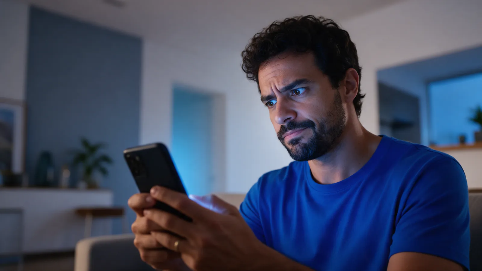 Golpe da carta contemplada: homem desconfiado olha uma mensagem no celular