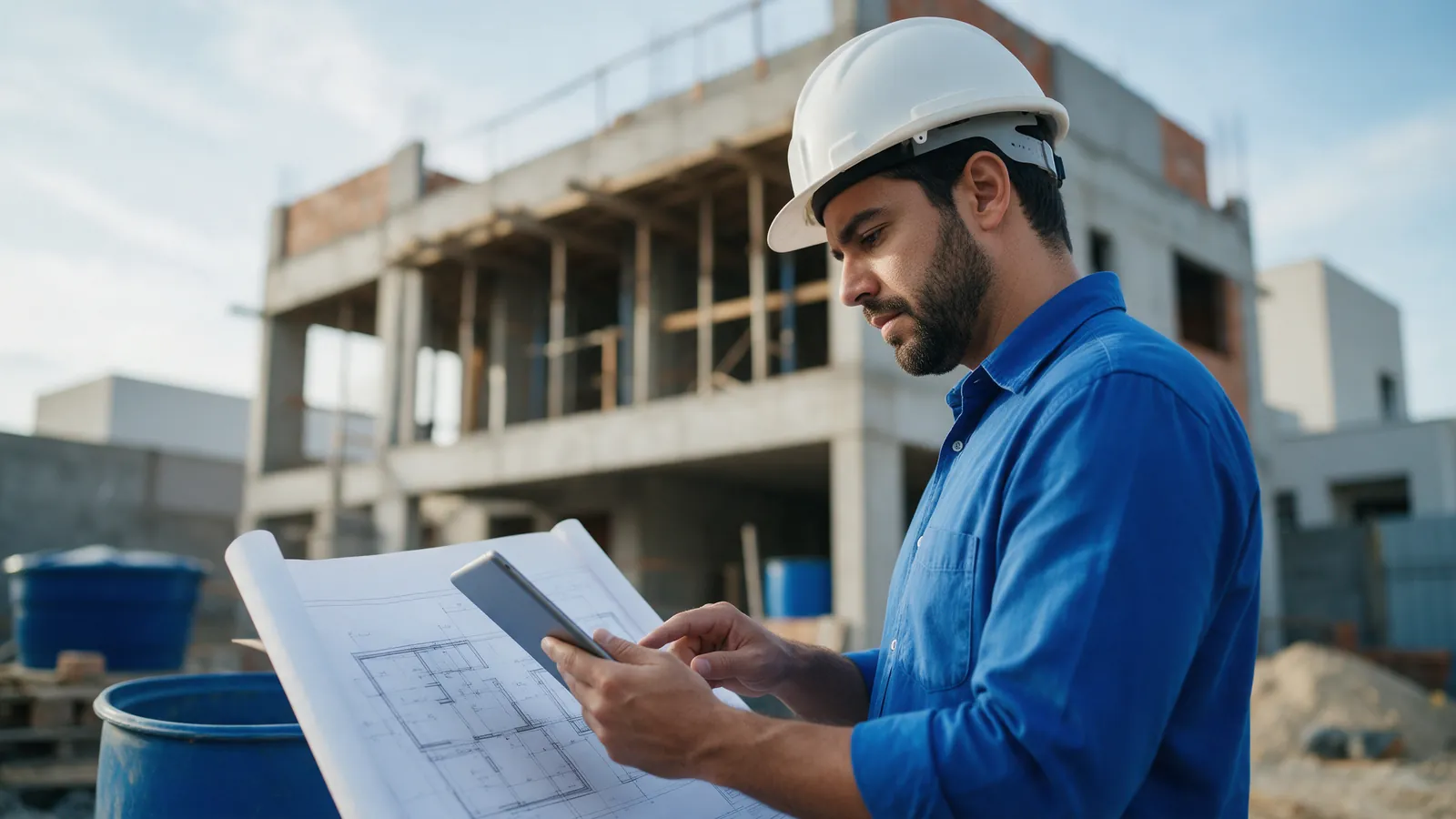 Reajuste do consórcio: engenheiro confere a planta em uma obra