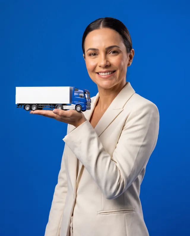 Empresária com a miniatura de um caminhão