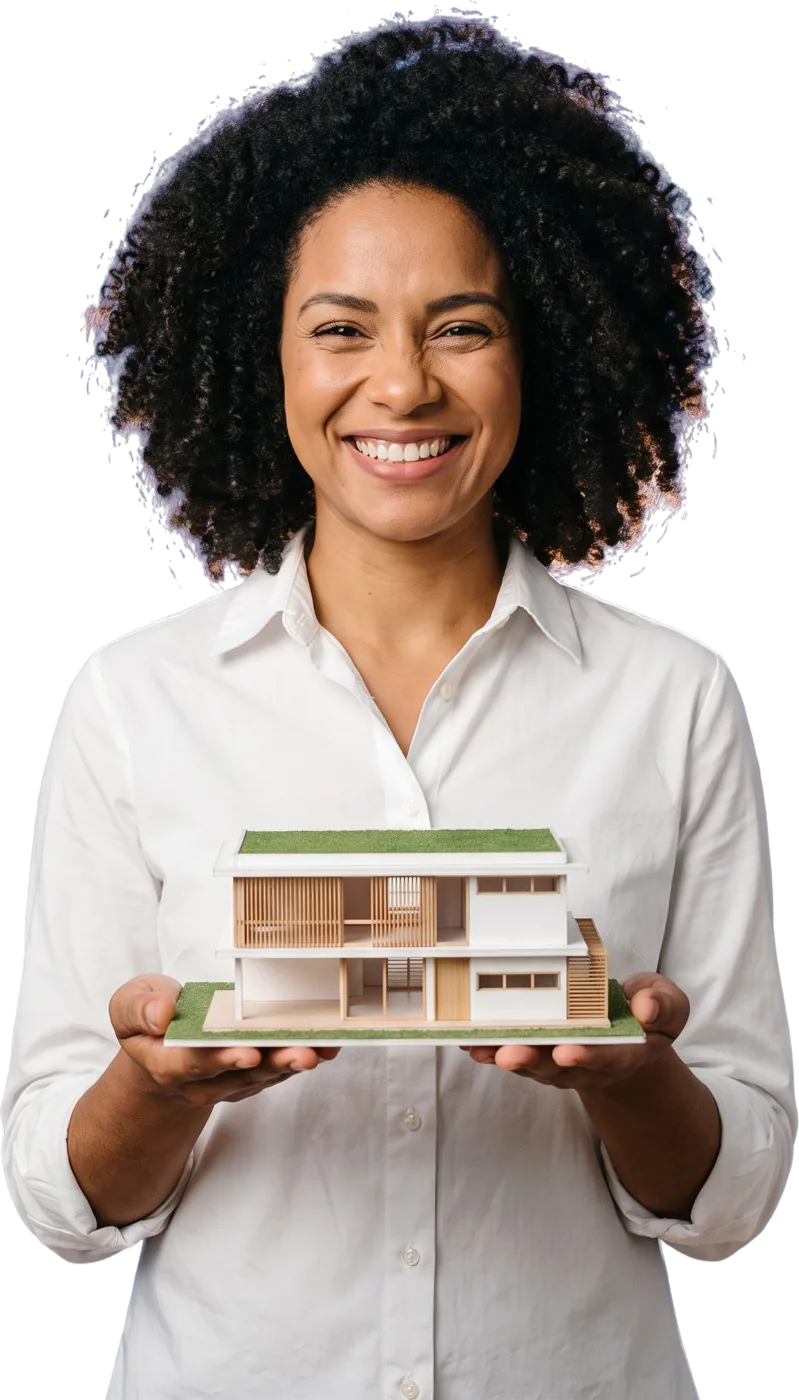 Mulher sorrindo segurando a maquete de uma casa