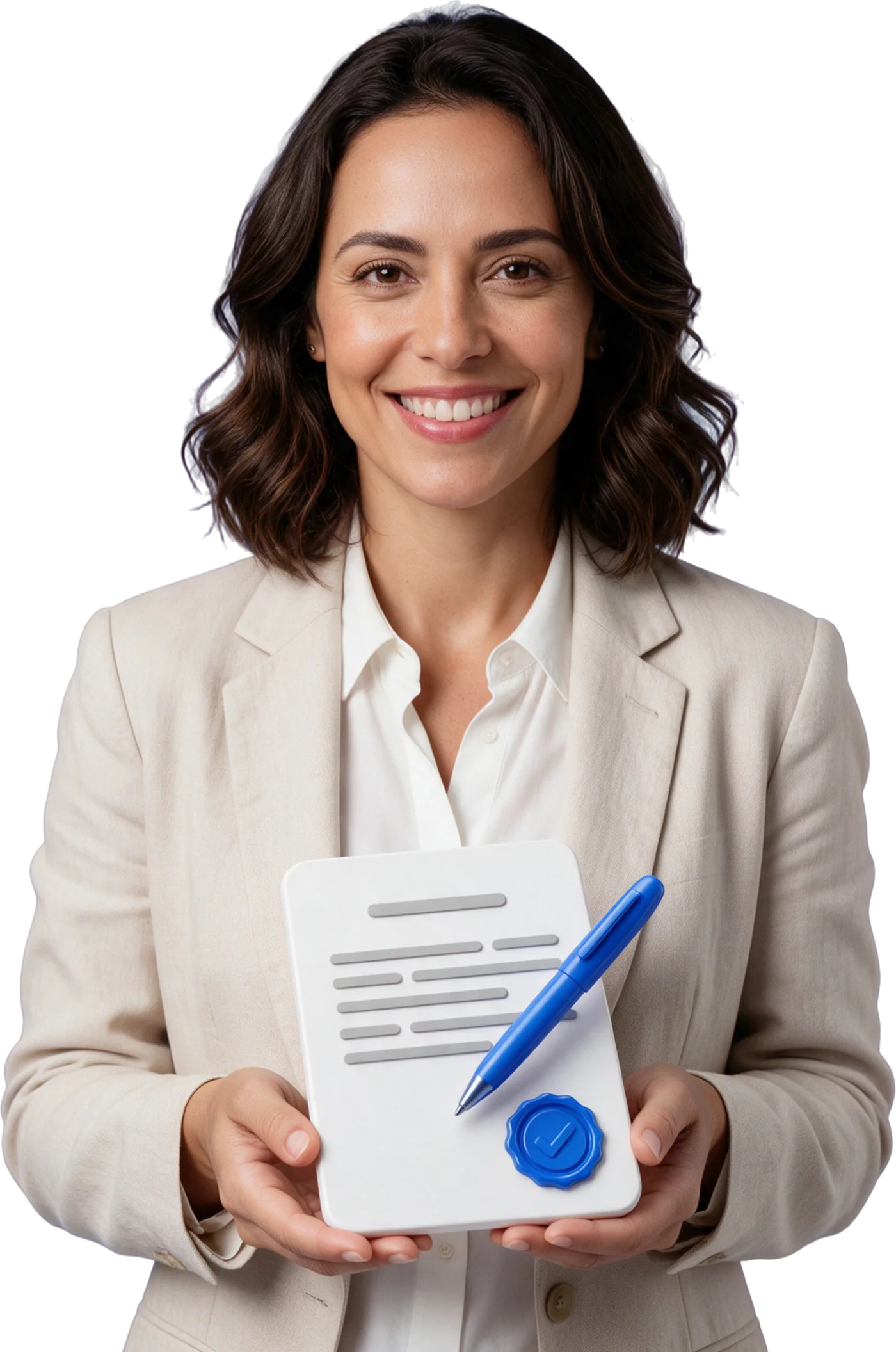 Mulher sorrindo segurando um contrato assinado